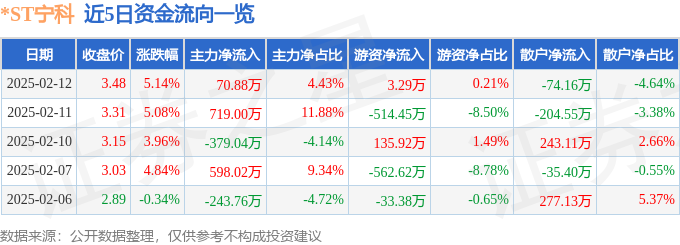 ST宁科（600165）2月12日主力资金净买入7088万元(图1)
