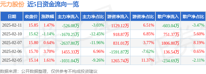 股票行情快报：元力股份（300174）2月11日主力资金净卖出52608万元(图1)