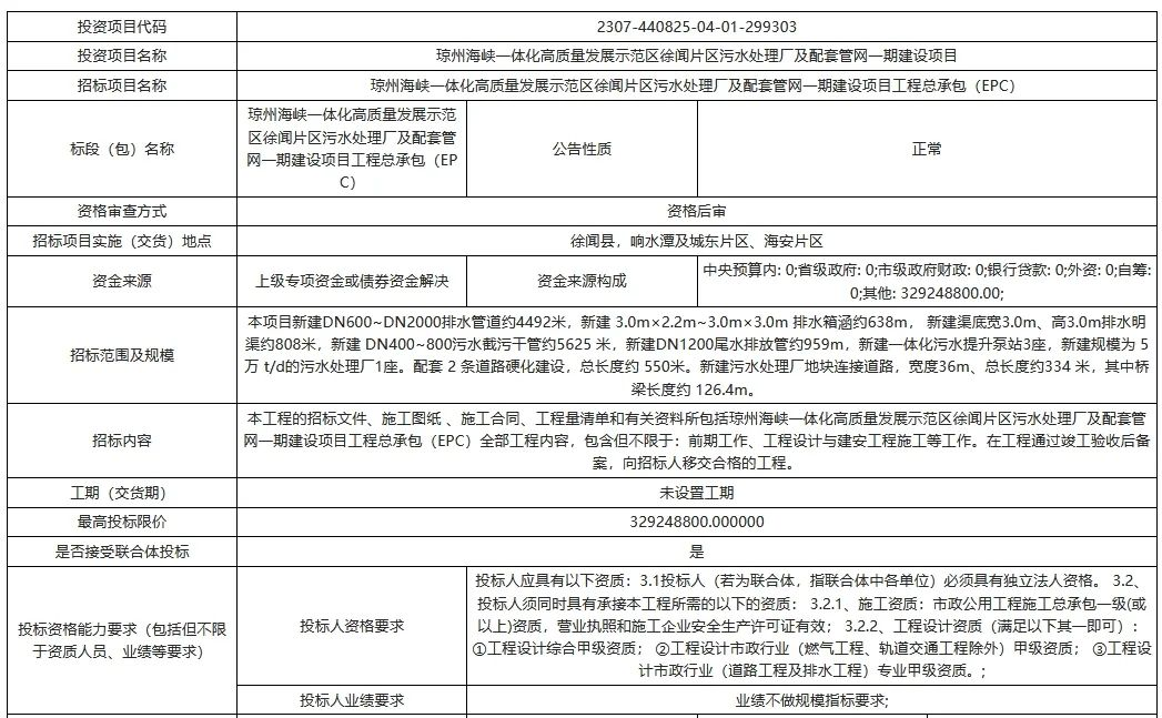 总投资约4亿元！徐闻新建污水处理厂及配套管网一期建设项目招标(图1)