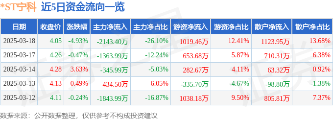 ST宁科（600165）3月18日主力资金净卖出214340万元(图1)